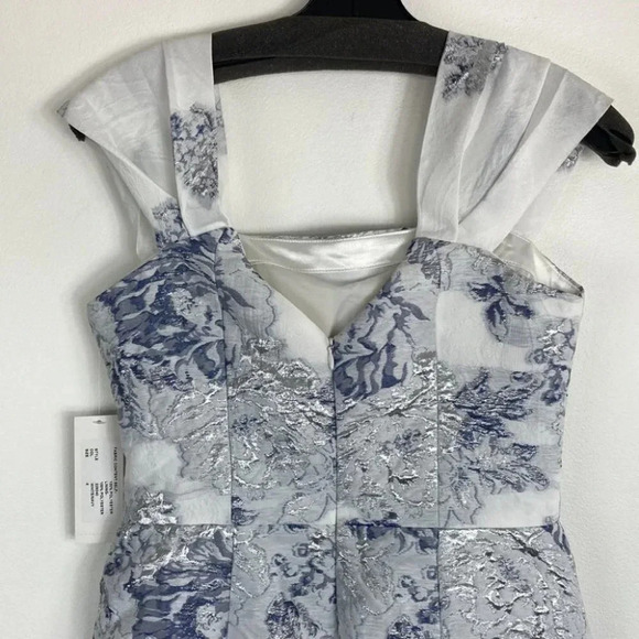 Teri Jon Dress Fit & Flare White Blue Floral Jacquard Cocktail 229240 Wedding - Picture 10 of 16